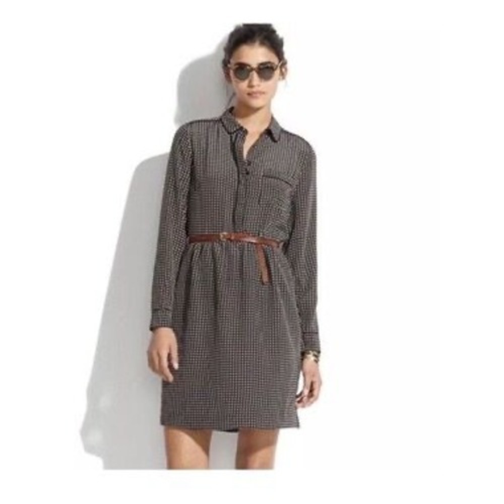 Madewell 100% Silk Geometric Star Print Long Sleeve Mini Shirtdress Black Size 0